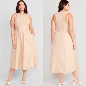 Old Navy Fit & Flare High-Neck Combination Midi Dress Sleeveless Tan Size XL